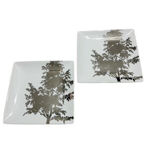 West Elm 2 Porcelain Appetizer/Salad Plates Silver Metallic Tree / Discontinued